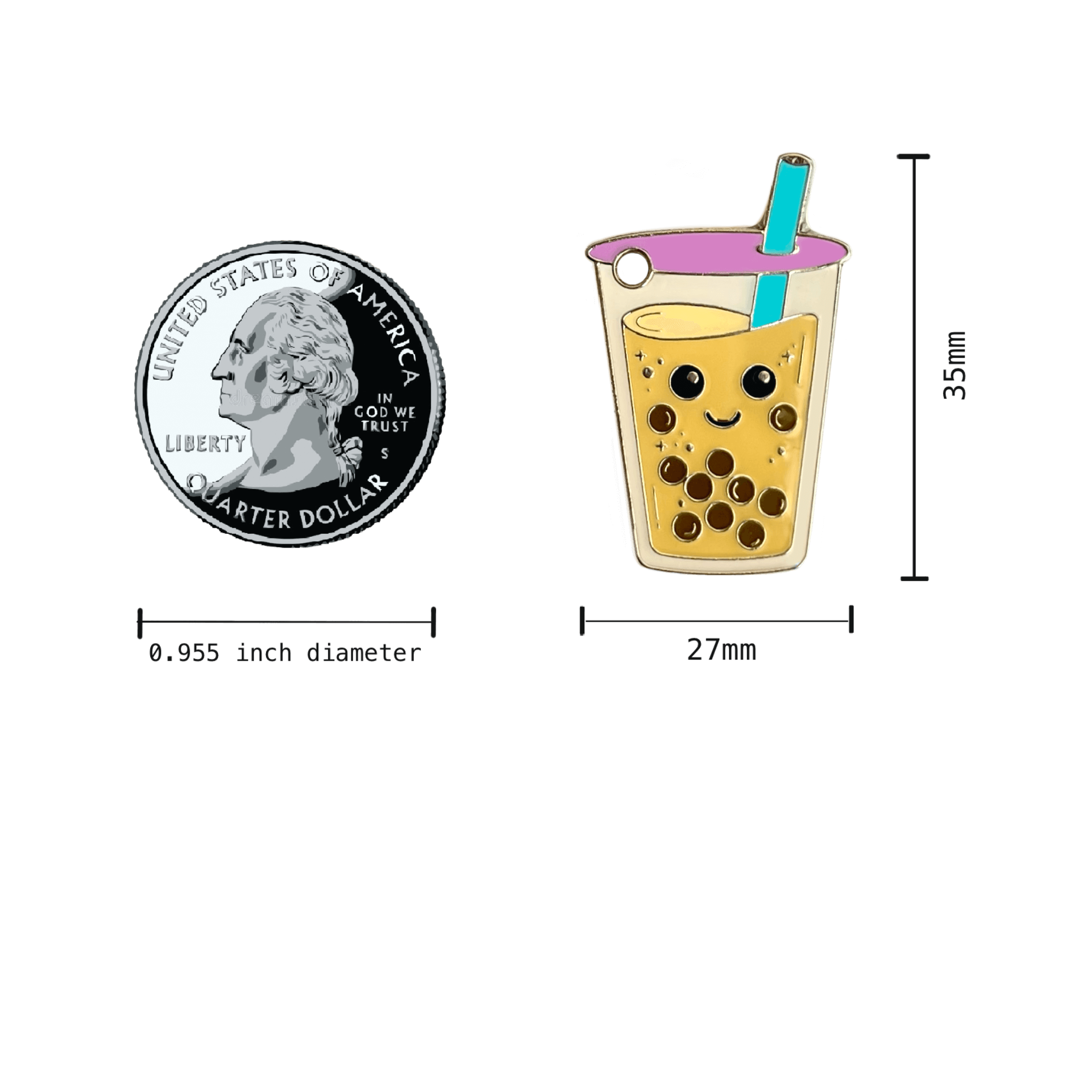 Cute Kawaii Boba Milk Tea Enamel Pet Tag Keychain Measurements