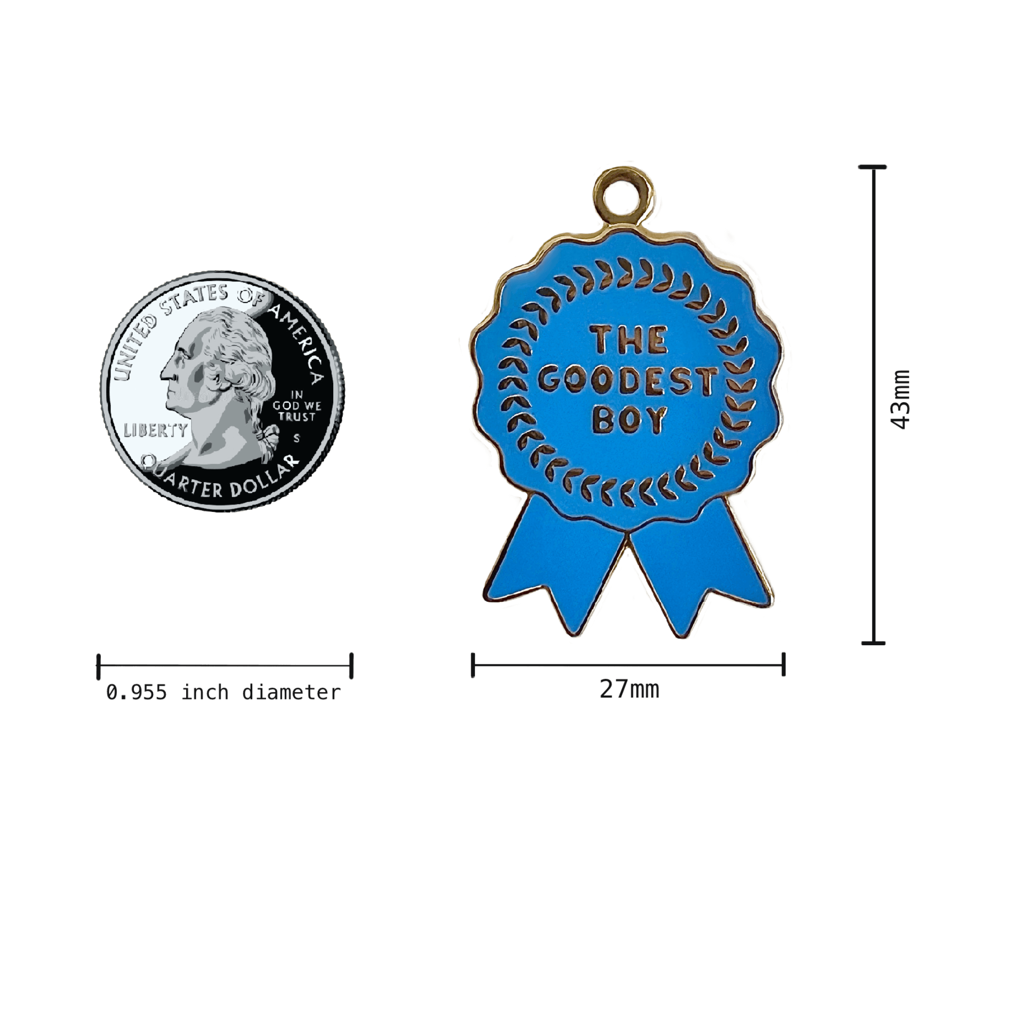 Goodest Boy Ribbon Award Enamel Pet Tag Measurements