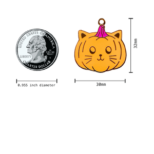KAWAII HALLOWEEN PUMPKIN CAT O LANTERN ENAMEL CAT PET ID TAG KEYCHAIN MEASURES 30x32mm