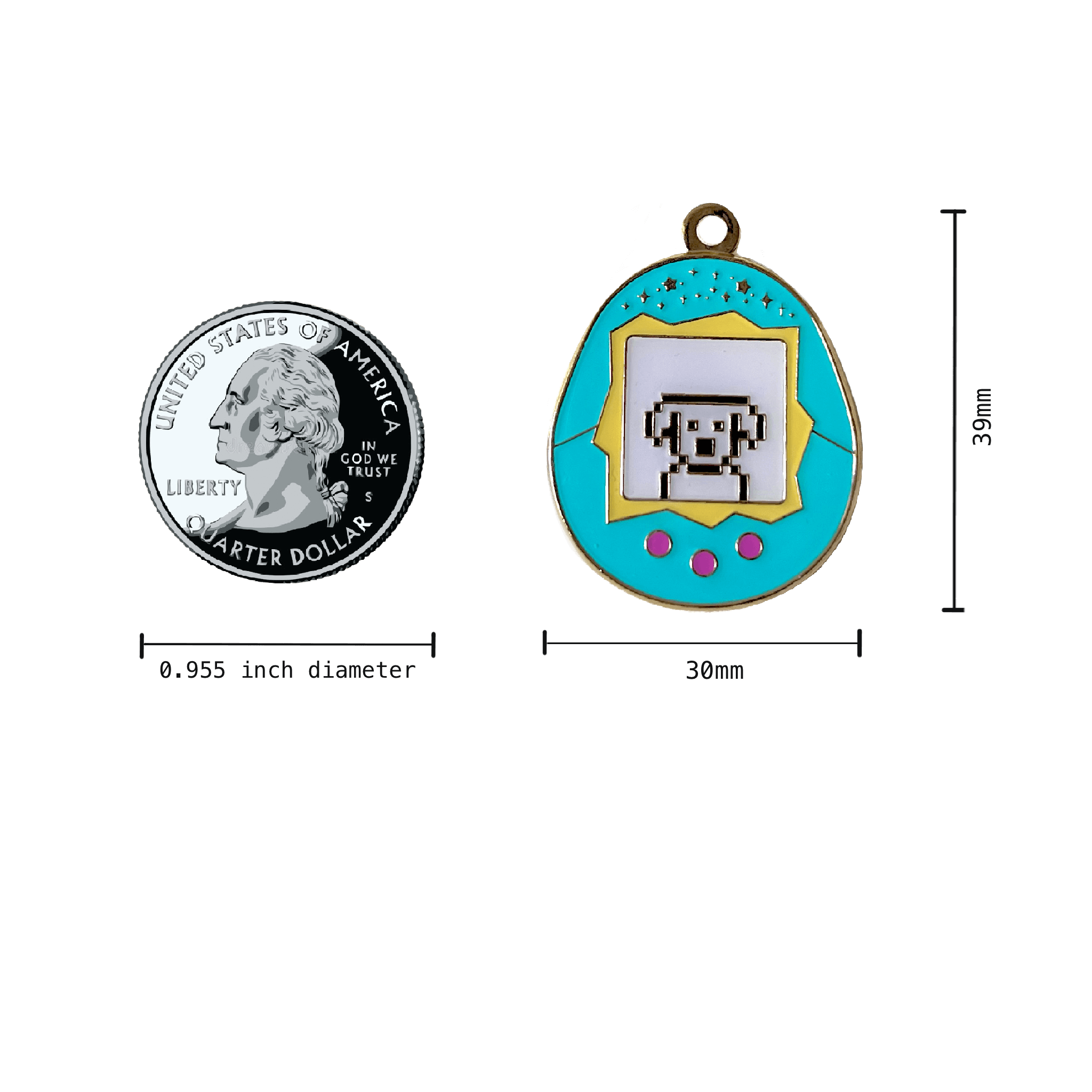 Big Tamagotchi Enamel Pet Tag in Teal Measurements