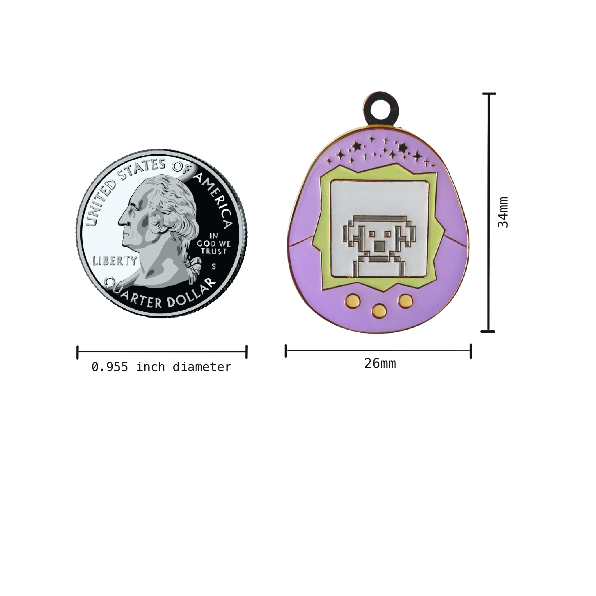 Small Tamagotchi Enamel Pet Tag in Purple Measurements