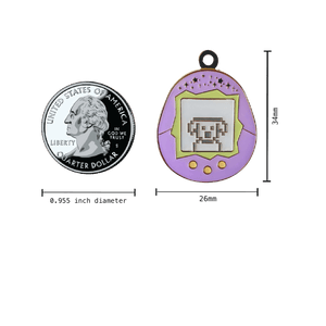 Small Tamagotchi Enamel Pet Tag in Purple Measurements